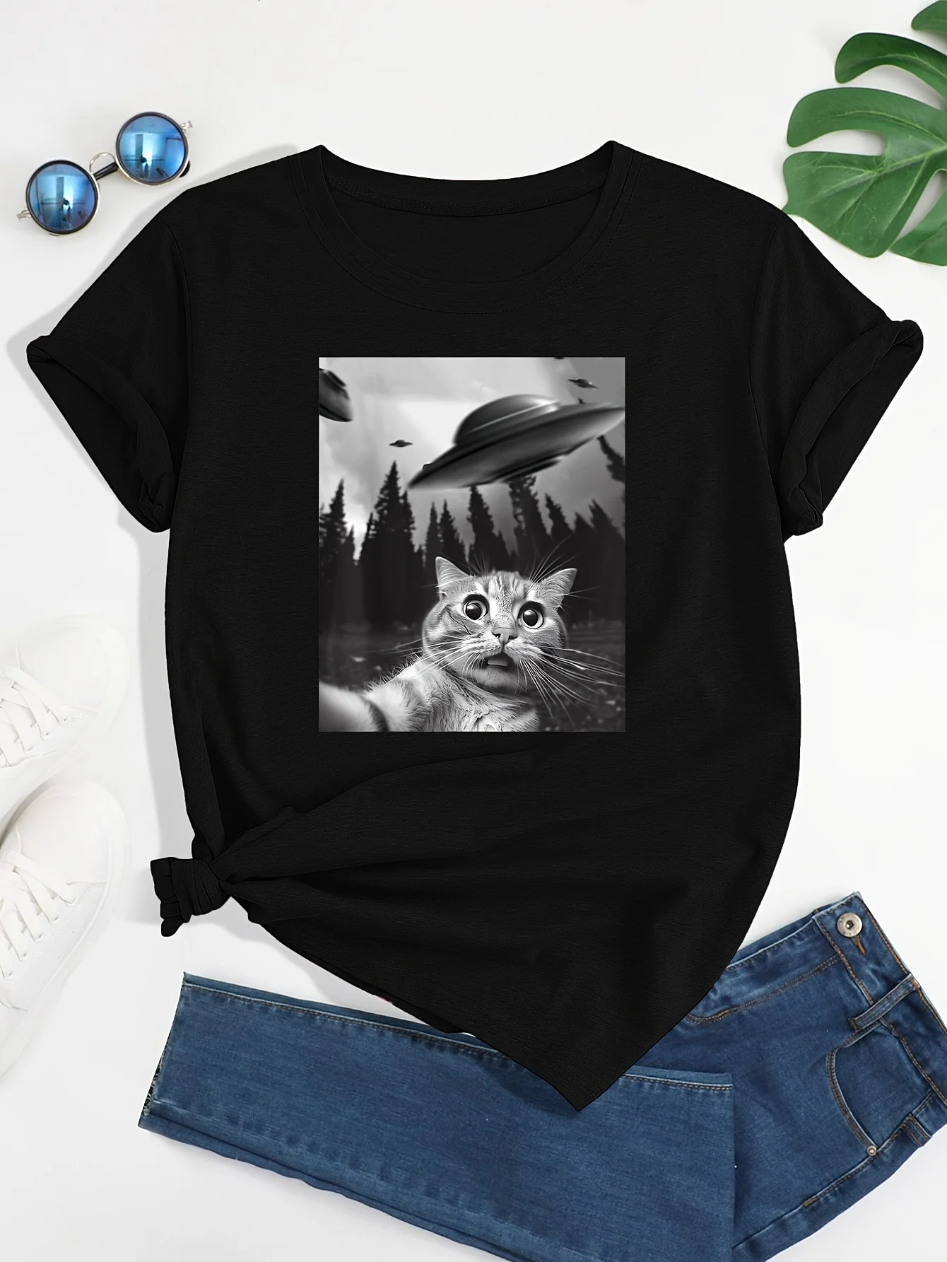 Cat & UFO Print Crew Neck T-Shirt, Casual Short Sleeve T-Shirt For Spring & Summer, Women’s Clothing Best Sellers In Women's Clothing