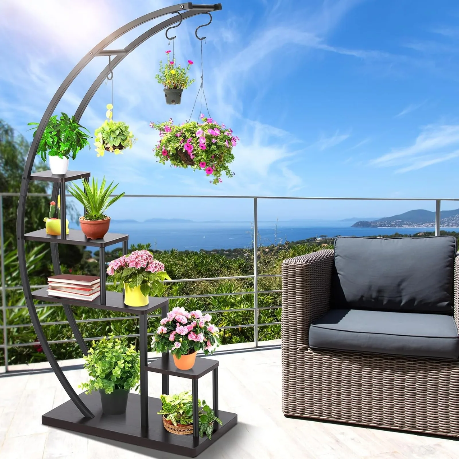 US Homdox 5 Tier Metal Plant Stand Indoor, Tall Half Moon Plant Stands, Heart Shape Flower Pot Shelves for