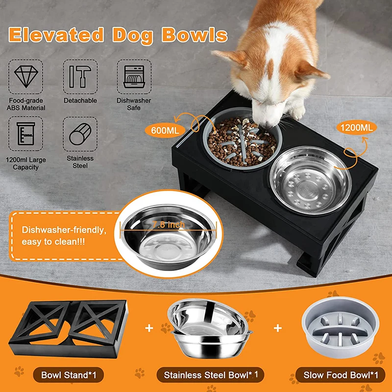Elevated Dog Bowls 3 Adjustable Heights Dog Food Water Bowl with Slow Feeder Bowl Dog Bowl For Pet Meal Mat Elevated Bowl Mat 4
