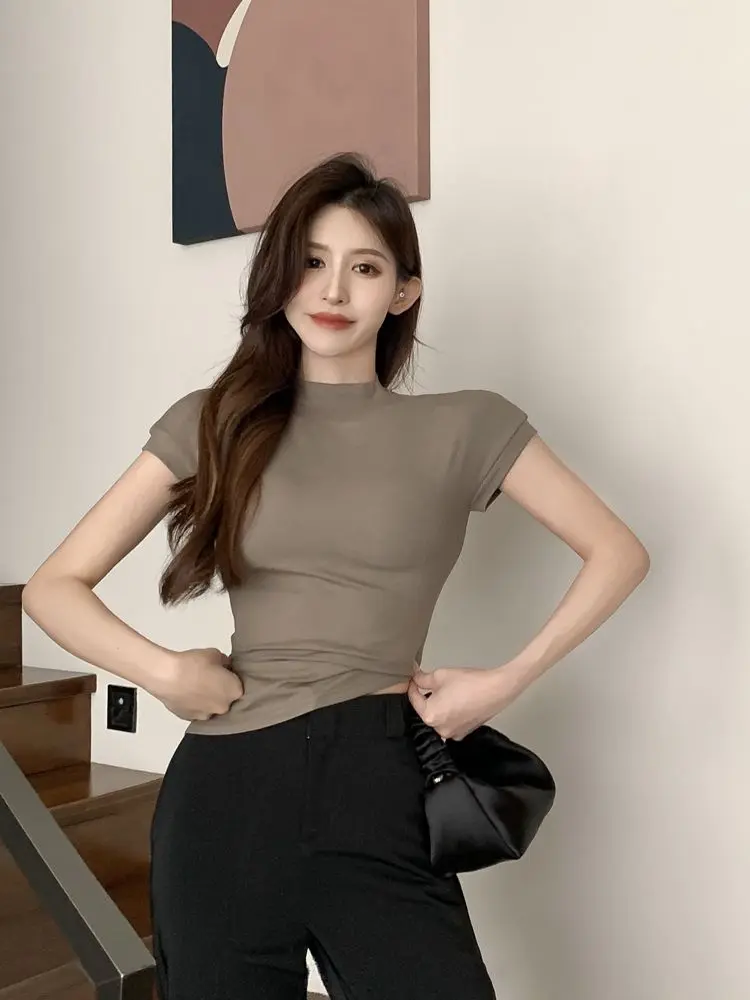 WTEMPO Női Rövid ujjú póló Fél garbó Nyári Trend All-match Top Sexy Slim T-shirt Egyszínű Y2k Top 2023469_voghion.com