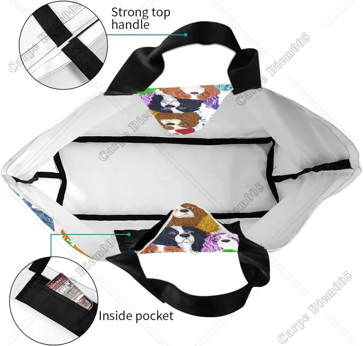 Charming Tie Dye King Charles Spaniel Puppy Tote Bag - Reusable and Colorful Shoulder Bag with Cute Cartoon Design