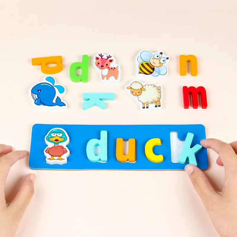 

Kids Educational Wooden Puzzle Toys Baby Development Montessori Educational Animal words Toys Building Blocks Games