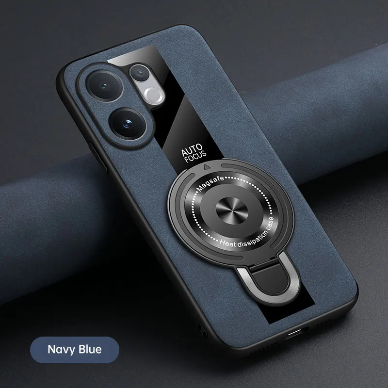 Luxury Shockproof Case with Magnetic Ring Holder and Leather Back Cover