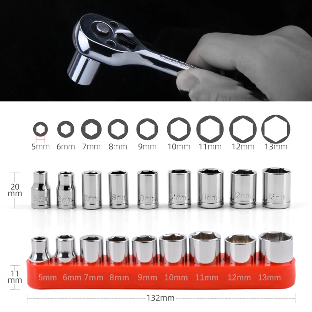 

9pcs 1/4 Inch Hex Socket Combination 5 - 13mm Sockets For Wrench Ratchet Power Drill Hand Tools Accessories Carbon Steel Durable