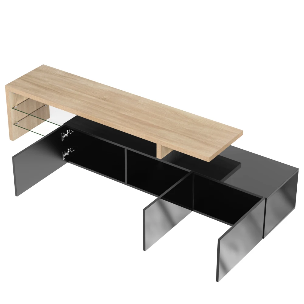 Moderner Wohnzimmer-TV-Schrank, mit LED-Beleuchtung, Praktischer Stauraum, Hochglanz-Schwarz TV-Ständer, Holzoptik, Glasböden – Detail 16