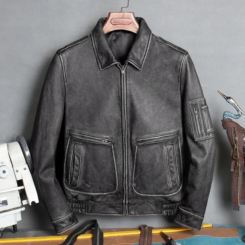 thumbnail image 1 of Envío. MA-1 Abrigo de cuero de bombardero gratis, chaqueta de piel de vaca gruesa, chaqueta de cuero genuino para hombres. Ropa marrón vintage de Top Gun, 1 of 4