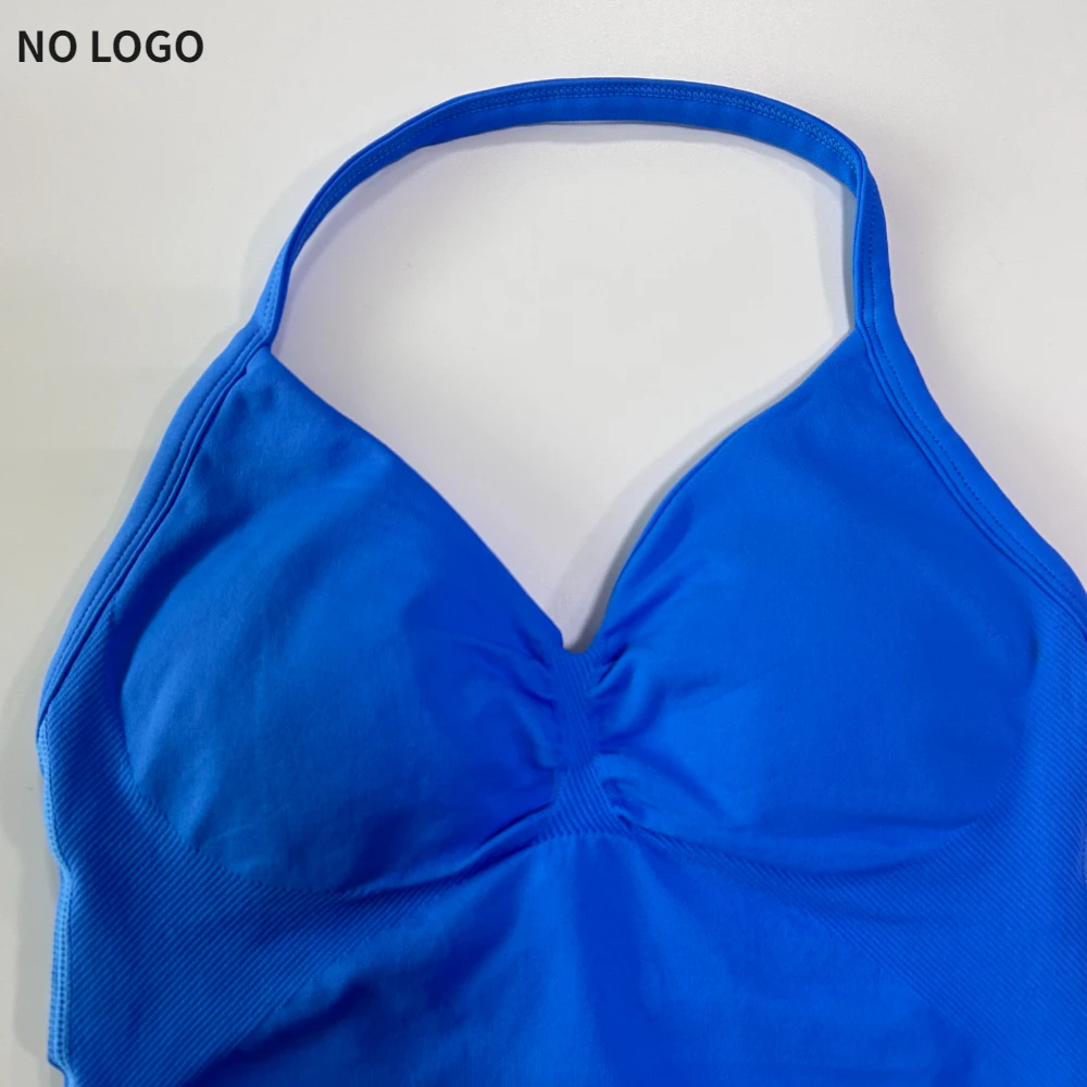 Women's Gym Top Backless Seamless Longline Strappy Built-in Bra Removable Cups