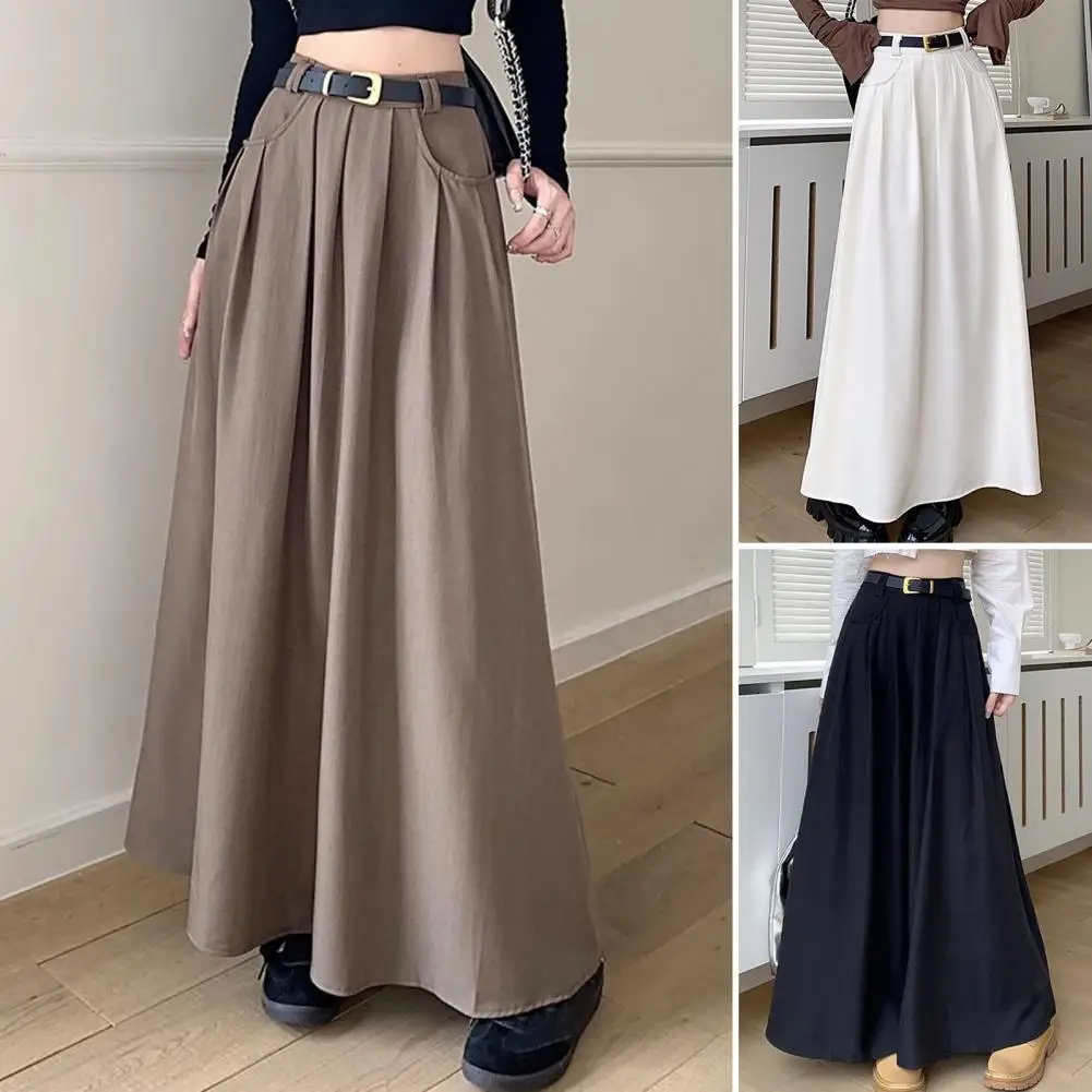 

Модная Однотонная юбка, стильные женские юбки миди с карманами, элегантная трапециевидная повседневная юбка с эластичным поясом для осени