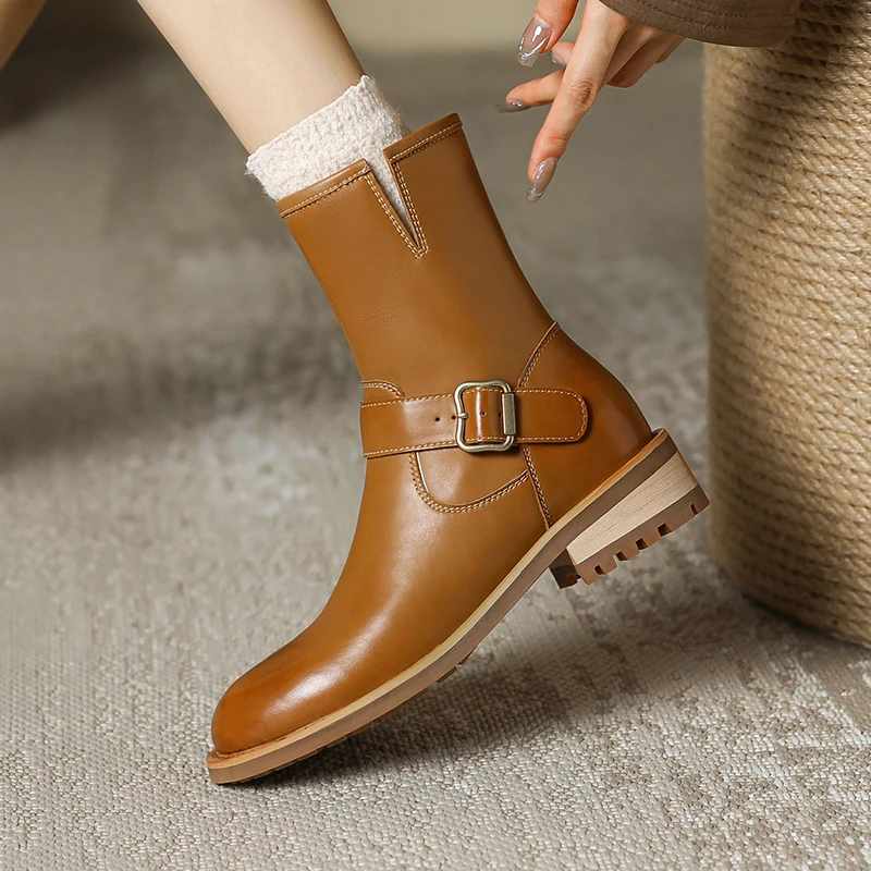 

Retro Style Genuine Leather Women's Short Boots Round Toe Side Zipper Thick Heels Ladies Knight Boots 2024 New Female Shoes