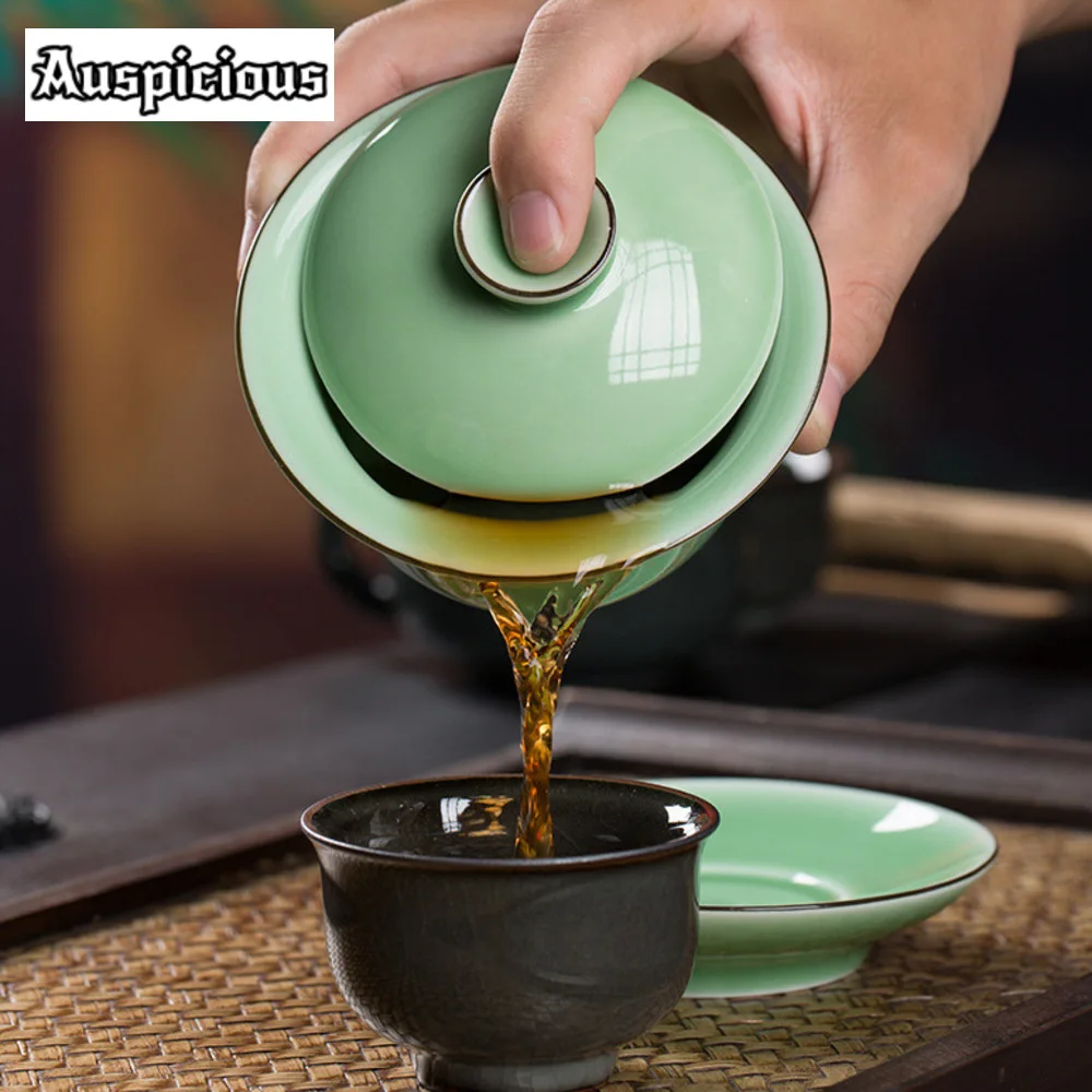 220ml Handmade Longquan Celadon Gaiwan Traditional Tea Brewing Cup Tea Tureen Making Cover Bowl Drinkware Decoration Gifts