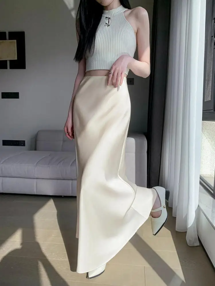 Beige Simplicity Vacation Wrap Hip Long Skirt Women Sexy Black