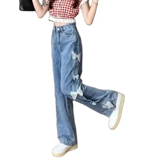 Jeans Bow High Waist Large Size Women Baggy Jeans Wide Leg Trousers Teens Korean Fashion Casual Pants Streetwear Sweet Jeans