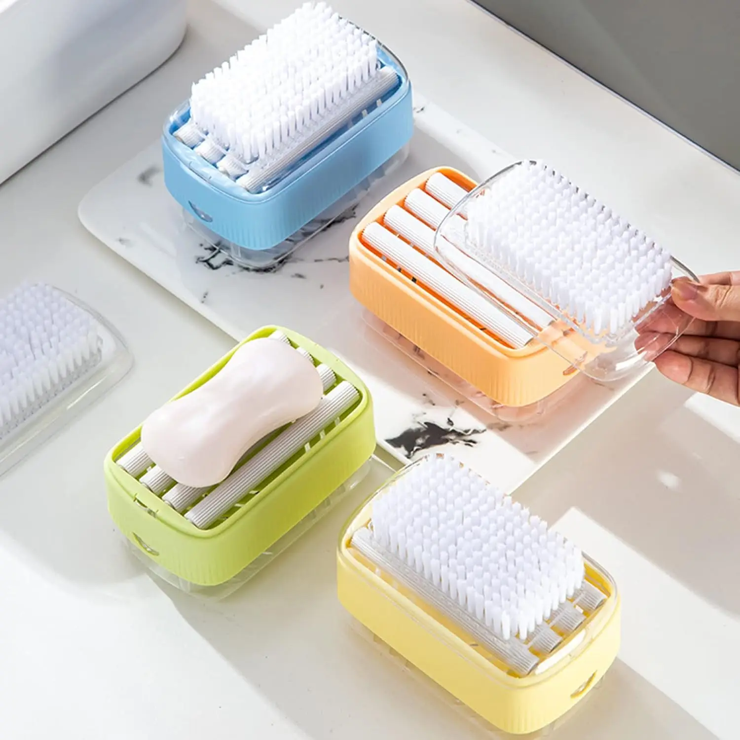Laundry soap caddy with built-in brush roller latherer, rectangular organizer for travel, bathroom and clothing care