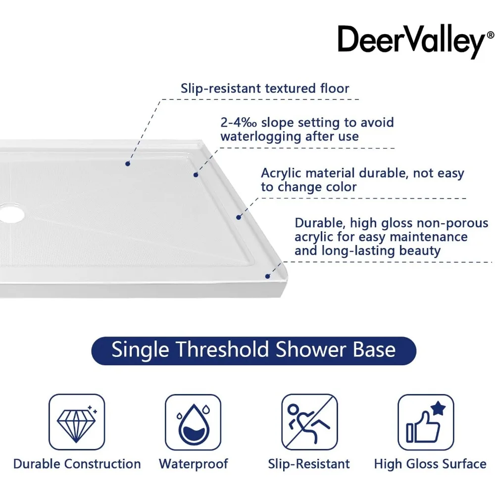 Single Threshold Shower Base, Center Drain Location, 60"L X 34"W Rectangle Acrylic Shower Pan