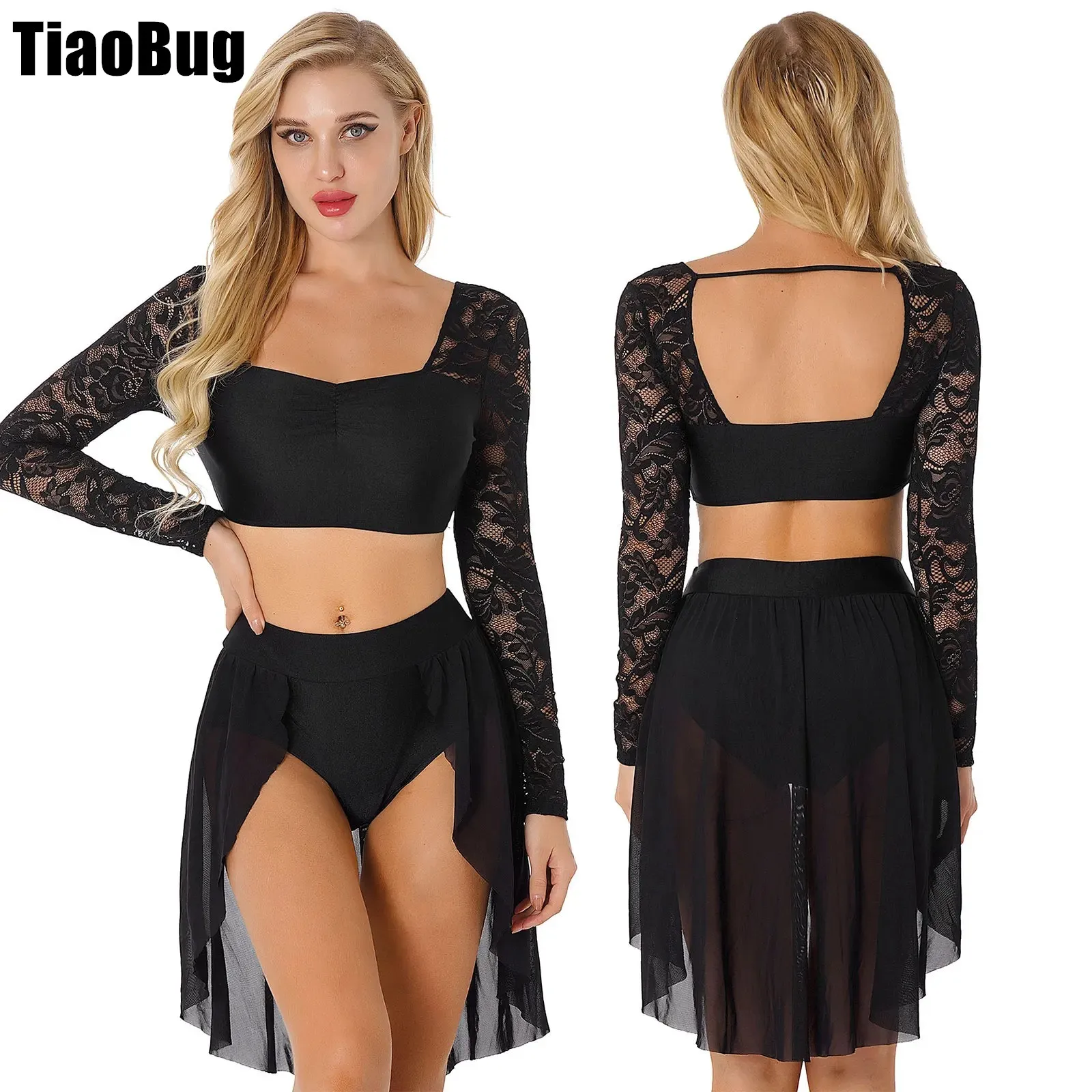 

Womens Floral Lace Dance Outfits Two-piece Lyrical Dance Costume Long Sleeve Pleated Crop Top with Skirted Briefs