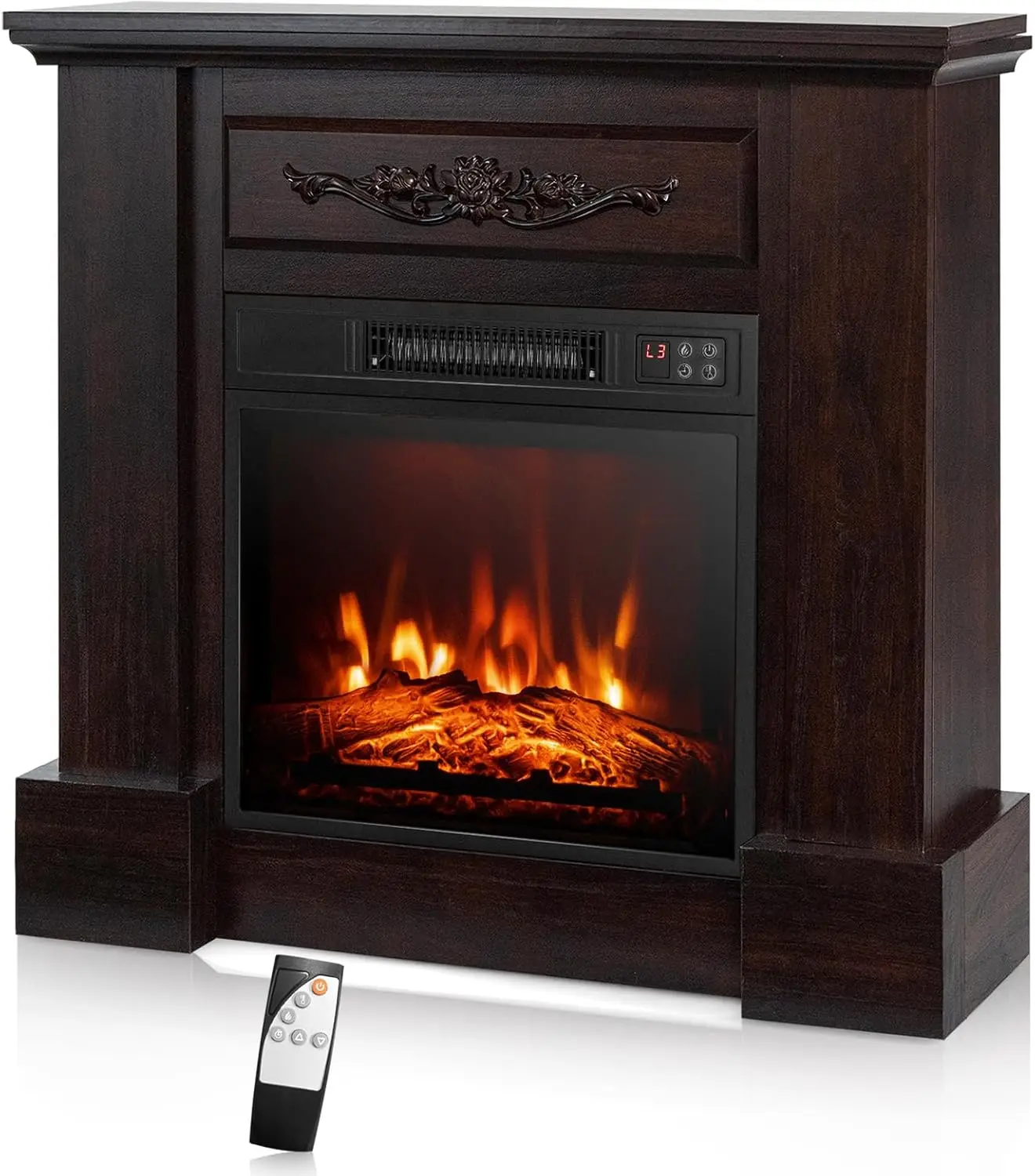 Electric Fireplace with Mantel, 1400W Freestanding Mantel Fireplace Heater with Remote Control, 3 Flame Brightness, Thermostat
