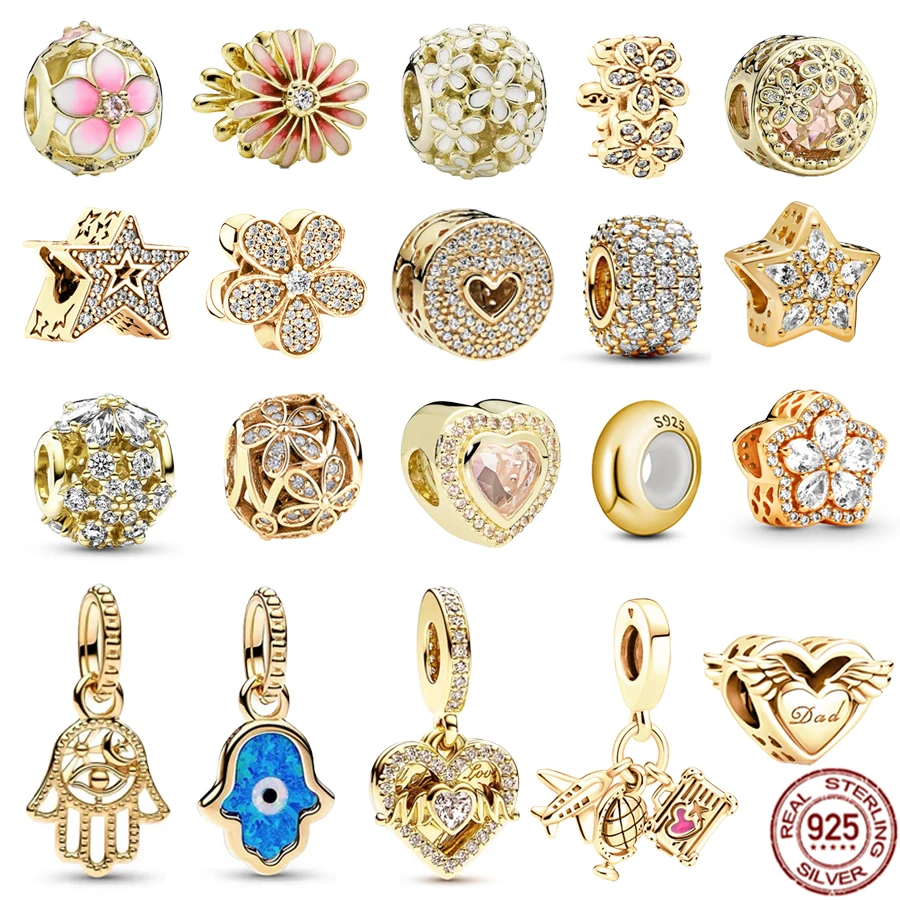 도금 골드 925 스털링 실버 비즈, 핑크 데이지 플라워 및 눈송이 파베, 매력적인 쥬얼리 비즈 핏, 오리지널 판도라 팔찌, 신제품 