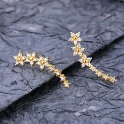 Elegant Silver Zircon Flower and Star Stud Earrings (Gold)