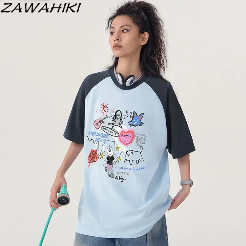 

Fashion Lovers Summer Letter Cartoon Graphic Print Short Sleeve T Shirt Patchwork Contrast Color Short Sleeve Cute Casual Tops