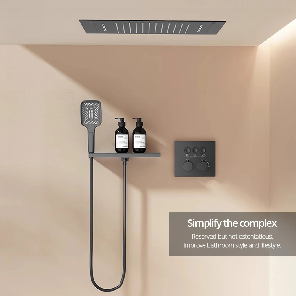 Embedded box Thermostatic Shower Faucet Gunmetal Ceiling Shower Head & Shelf Wall Mounted Mixer Tap Hot And cold Bathroom Tap