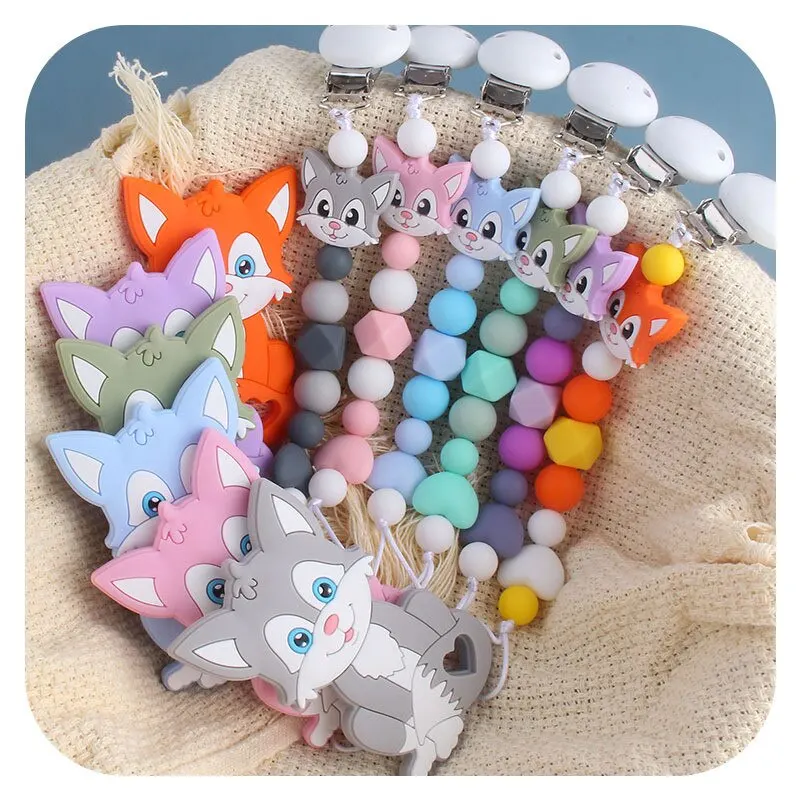 Fox Pacifier Chain Clip Cat Dummy Nipples Holder Clips Babies Silicone Teething Chain Toy For Cute Baby Shower Gift
