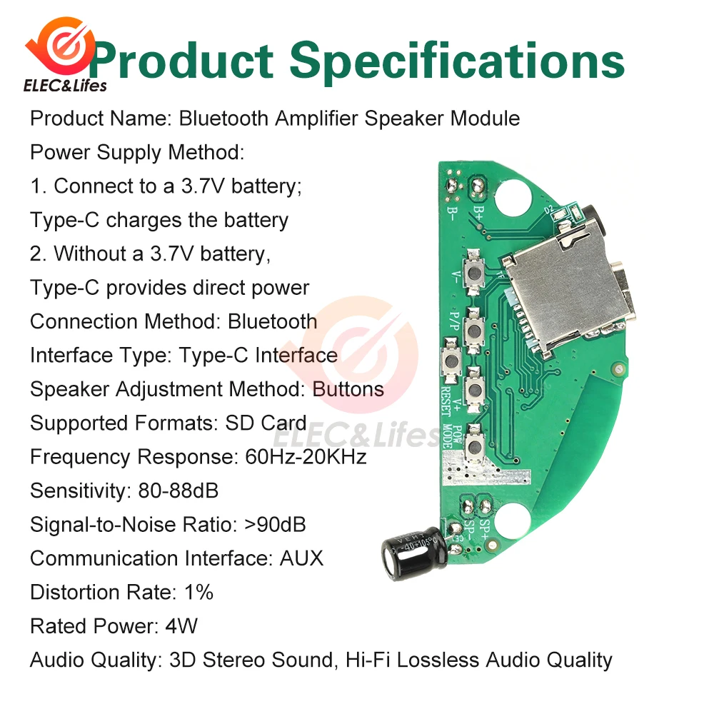 Portable Bluetooth Audio Amplifier Module 3.7V Battery or Type-C Powered Hi-Fi 3D Stereo 4W SD Card AUX Input for DIY Speakers - 4