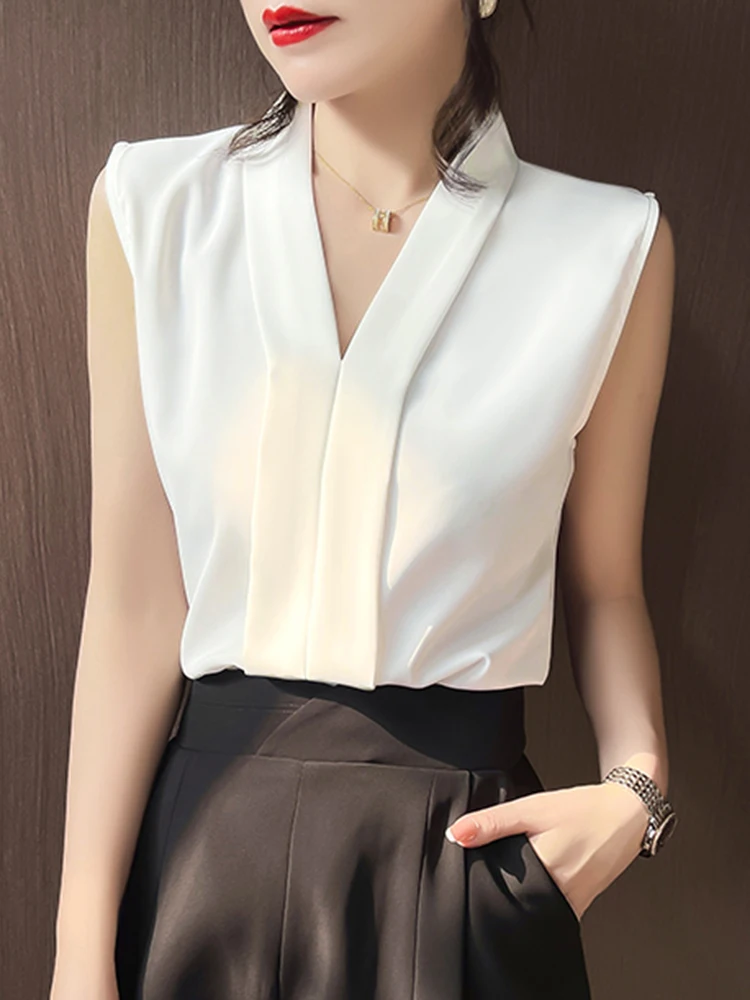 2024 Summer Office Lady Style Shirts Women Sleeveless Women Blouse Shirts Tops Elegant Tops Blusas Femme Blouses Black White summer tops white floral ruffled v neck tank top for women sleeveless blouse tops in white size 2xl 3xl s xl