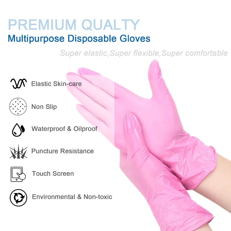 20/50/100PCS Pink Nitrile Gloves For Kitchens Gardening Cleaning Car Repair Tattoo Household Cleaning