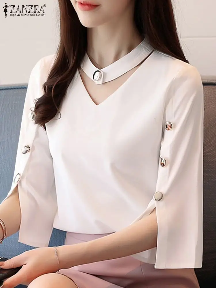 

Элегантные повседневные женские топы ZANZEA, туника, праздничные блузки-чокеры, однотонная Офисная Рабочая Рубашка, женская модная летняя блузка с V-образным вырезом и рукавом до локтя