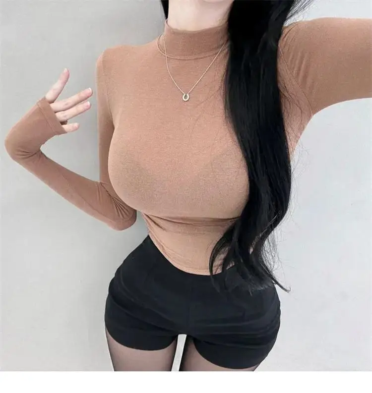 Koreanische Herbst Winter Neue Schlank Crop Top Sexy Frauen T-Shirt Durchsichtig Dünne Tops Langarm Sheer Damen Rollkragen T-Shirt – Detail 10