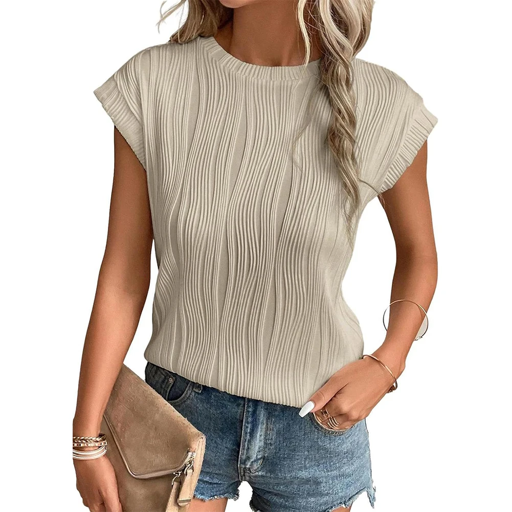 

Comfy Fashion T-Shirt Tops Fashion Pleated Round Neck Solid Color Summer Ultra Short Sleeve Womens Casual Daily