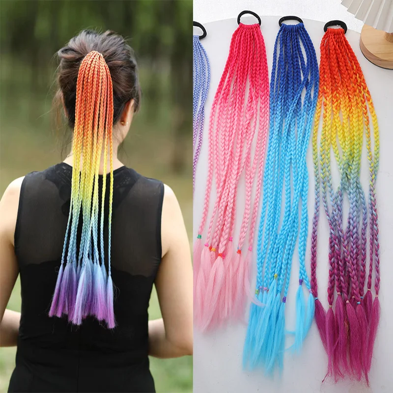 

1PCS Girls Gradient Dirty Braids Colorful Twist Tie Wigs Ponytail Kids Hair Accessories Headbands Rubber Bands Princess Headwear