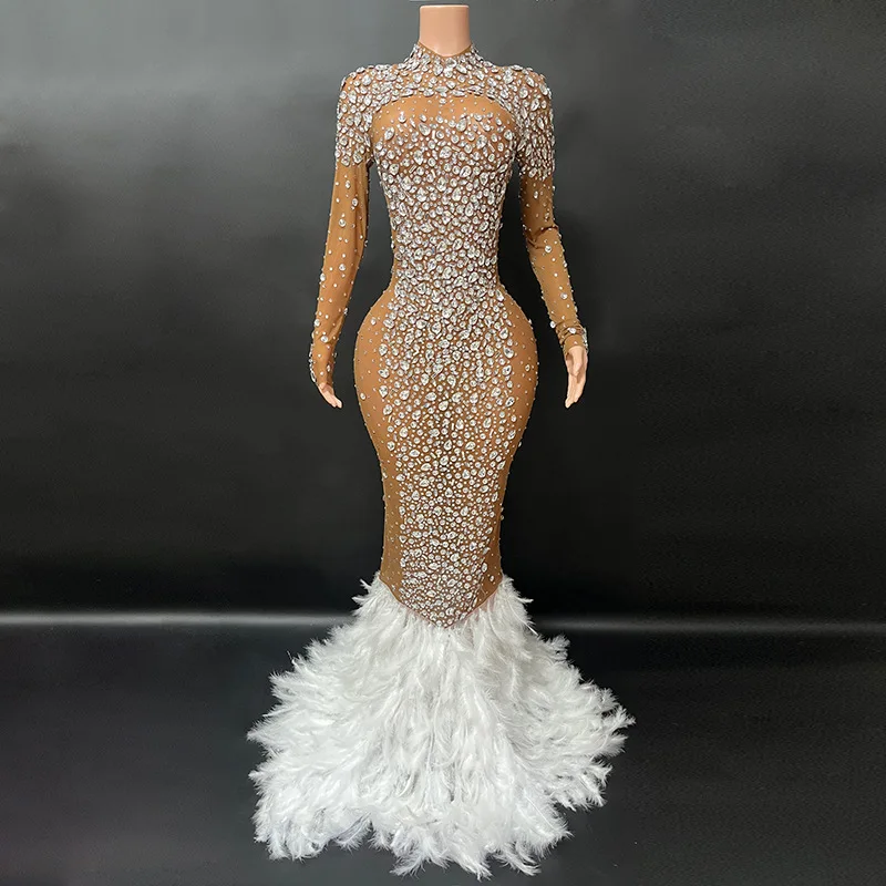 

New Sparkling Wedding Dress Feather Long Dress Celebrating Luxury Costume Dancer Flash Dress Party Birthday Photography Dress