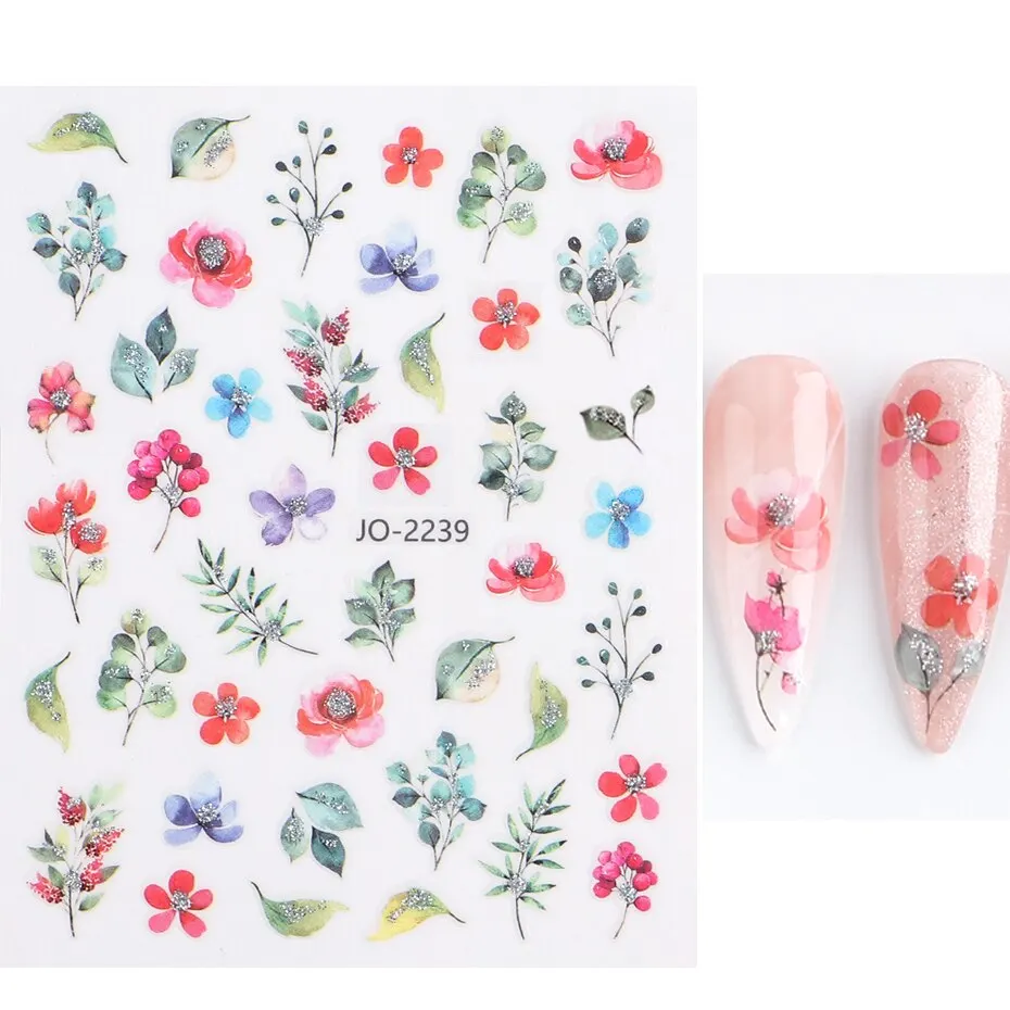 Design Shiny Flowers Nail Sticker 12pcs 3D Pink Spring Blossom Nail Art Decals Green Leaves Sliders DIY Decorate Manicure nail stickers nail art decoration nail decals flower stickers