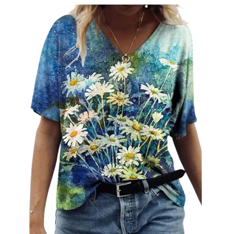 3D Tie Dye Sunflower Women Print Tops Summer 2021 New Fashion Ladies Short Sleeve V-Neck Casual T Shirt Loose Plus Size Tee Tops black and white striped shirt