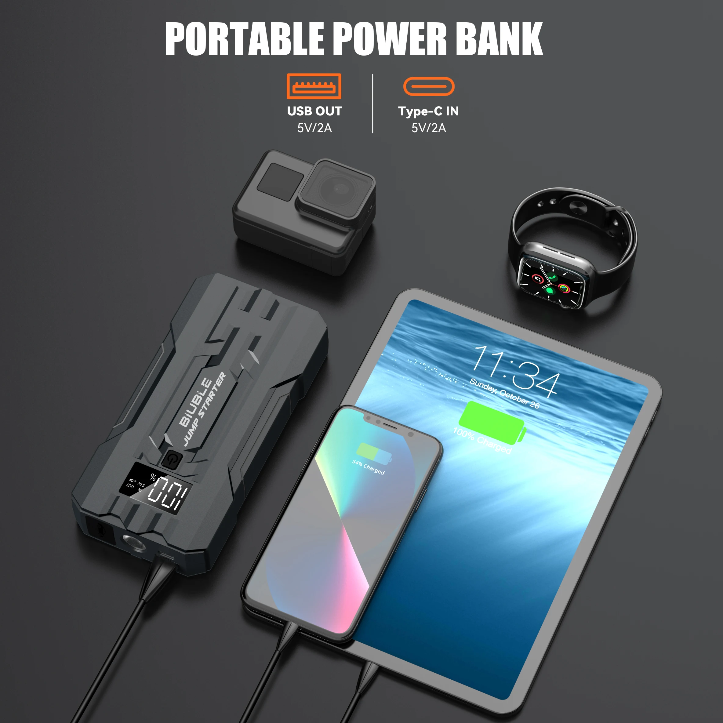 Car jump starter Car battery charger Jump starter BIUBLE Car Jump Starter 4000A Peak 25000mAh 12V Auto Booster Battery Charger Jumper Box with Display