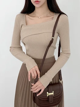 سترات نسائية برقبة على شكل V غير منتظمة ، بلوفر ضيق ، سترة نسائية ، بلوفر ، توبات غير رسمية ، أحادية اللون ، خريف ، شتاء ، موضة 2