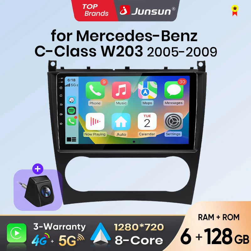 Radio para coche Junsun con Android Auto para Benz Clase C W203 2005 2006 2007 2008 2009, sistema multimedia inalámbrico Apple CarPlay, sistemas inteligentes, pantalla táctil IPS, reproductor de vídeo estéreo, 2 Din, autorradio, unidad principal, navegación, BT, GPS, 4G, WIFI, FM, AM, DSP, RDS, SWC 1