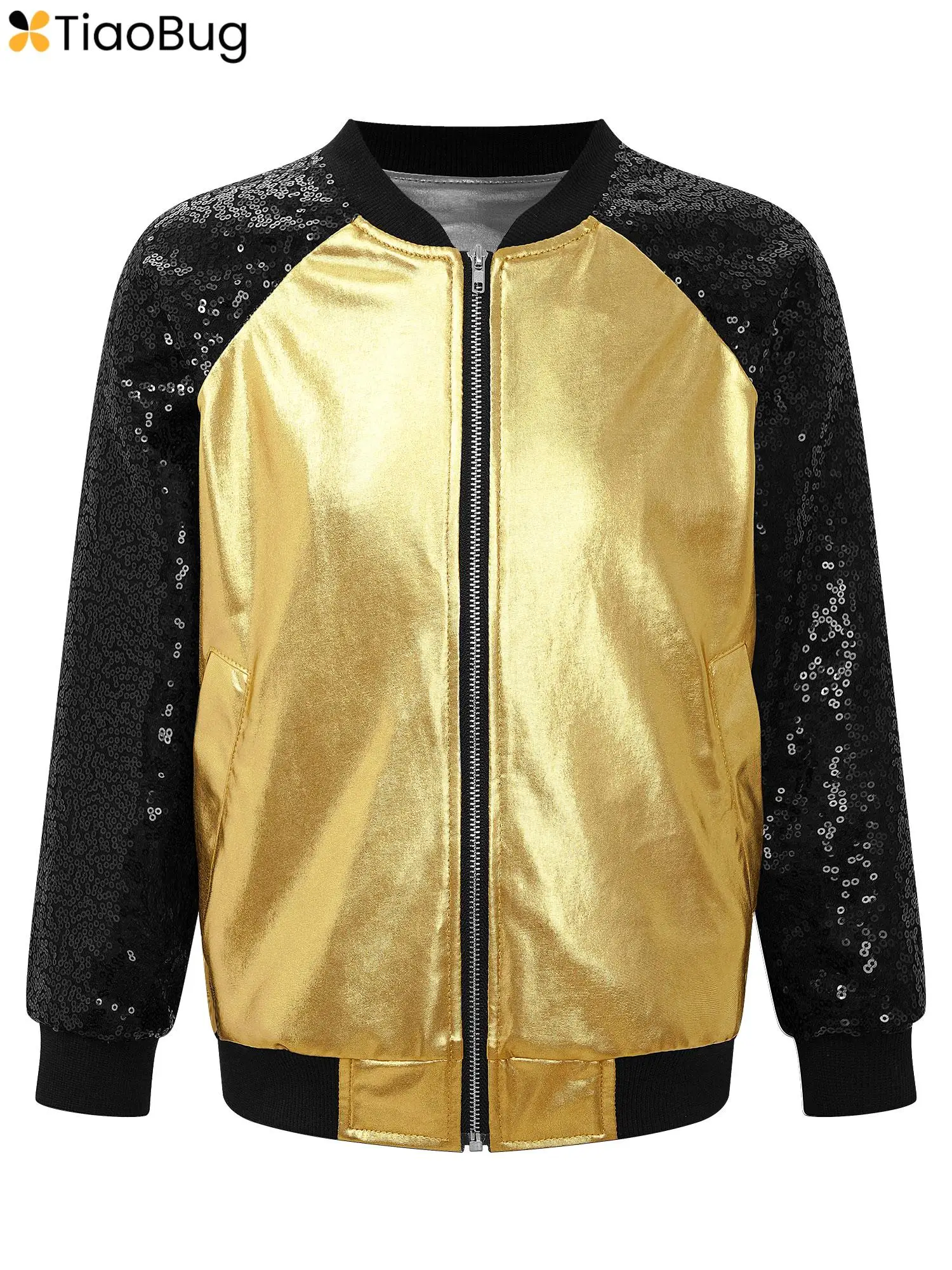 

Kids Girls Boys Metallic Shiny Sequin Bomber Moto Jacket Coat Hip Hop Jazz Modern Dance Top Disco Party Costume Dancewear