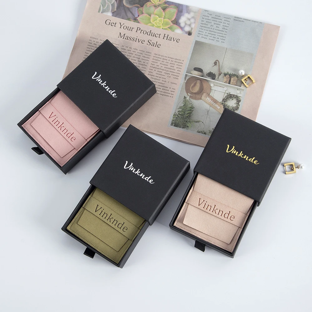 Personalized Logo Black 8x8x1.7cm Chic Small Luxury Jewerly Drawer Cardboard Box Earrings Necklace Ring Storage Boxes Suede Bags