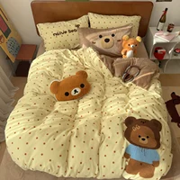 Cute Bear Embroidered Autumn Winter Warm Duvet Cover Set with Sheet Milk Velvet Thicked Warmth Bedding Set Full Size Quilt Cover