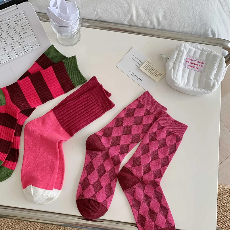 

1Pair Dopamine Rose Red Socks Stripe Lattice Medium High Socks Cotton Material Autumn Winter Women's Elasticity Long Socks