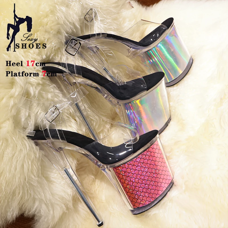 High-quality 17CM/7inches Women Sandals Stripper High Heel Shoes Transparent Platform Glitter Stiletto Pole Dance Shoes Wedding 4