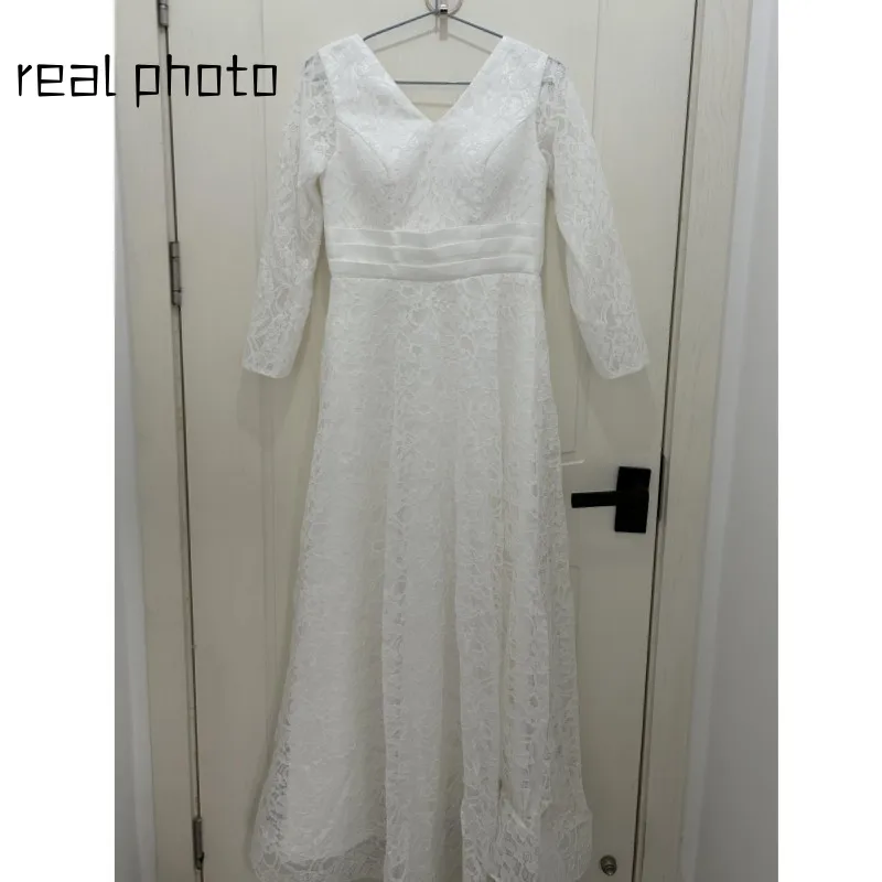 Customized Elegant Lace Wedding Dress With Sleeve Sexy V-neck Flowers Robe De Mariee New Floor-length Simple Bride Dress 5
