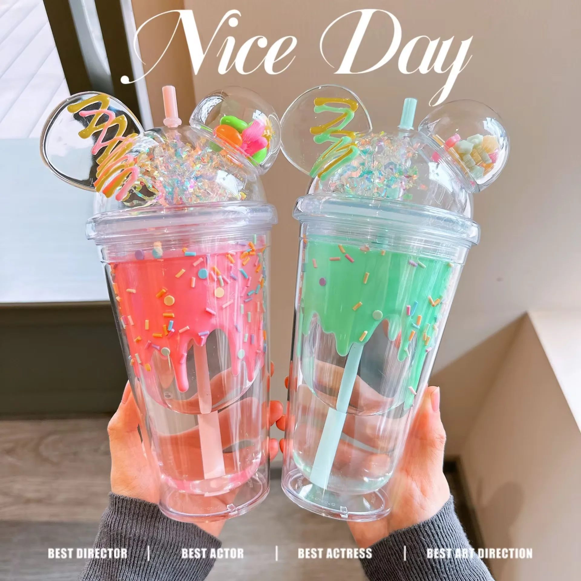 Cute Drinking Cup Creative Straw Interesting Children and Girls Summer Ice Cream Transparent Double Layer Plastic Gift Bottle plastic cup