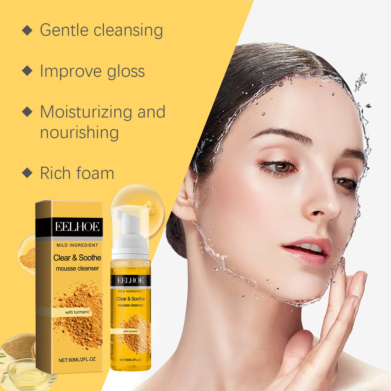 Turmeric Mousse Cleanser Face Cleaning Shrink Pores Oil Control Dull Skin Brightening Hydrated Facial Contour Foaming Cleanser 5