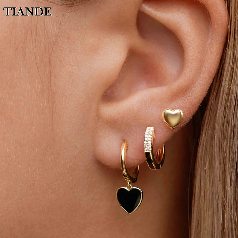 TIANDEBlackEnamelHeartStudDangleEarringsforWomenGoldPlated