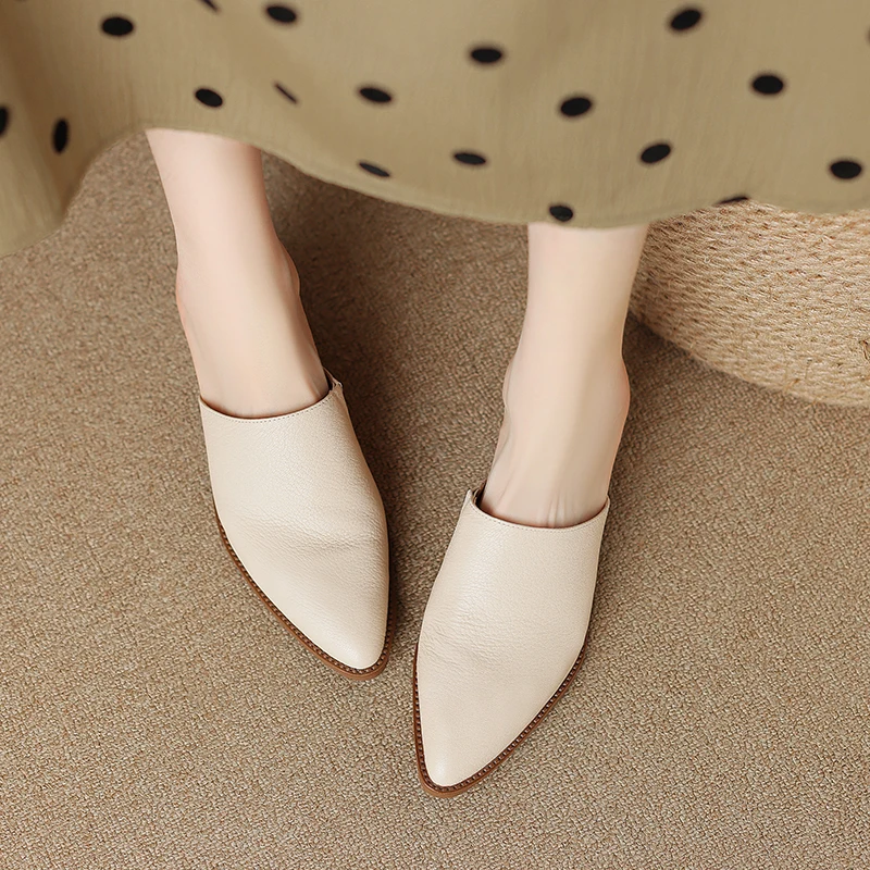 Summer Women Slippers Genuine Leather Shoes for Women Cover Toe Chunky Heel Mules Slingback Women Sandals Elegent Handmade Shoes