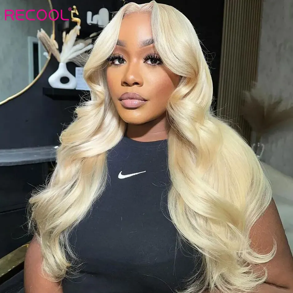 Recool 613 Blonde Curtain Bangs Lace Closure Wig Human Hair Glueless 6&times;5 Pre Cut&Bleached Hd Lace Body Wave Wig