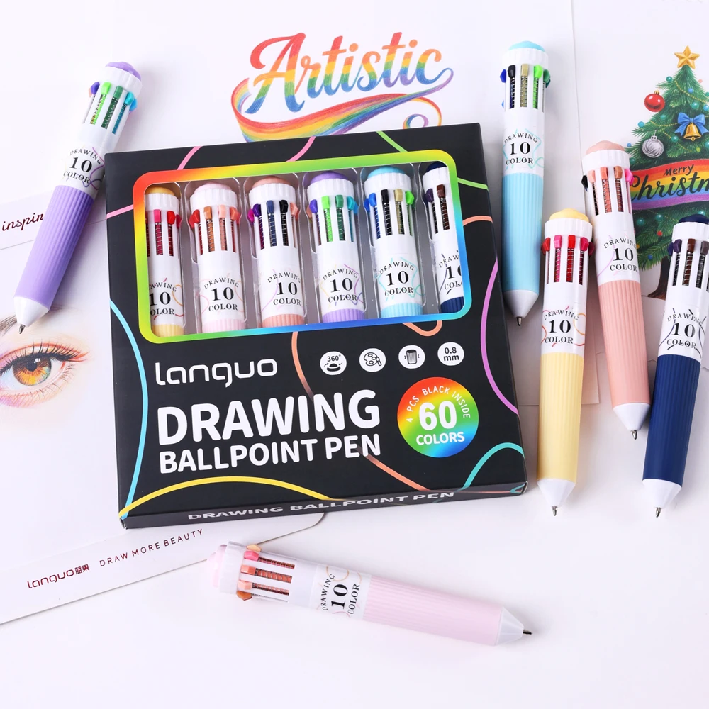 6 Pcs/Box Creative 10-in-1 Drawing Ballpoint Pen Set 60 Colors Multi-Function 0.8mm Colored Pens for Painting & Study Marking